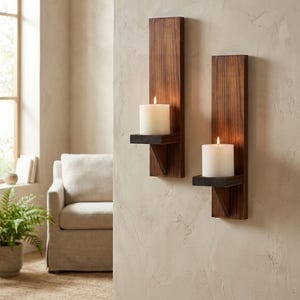 Set of 2 Wood Wall Sconces, Rustic Japandi Pillar Candle Holders, Vintage Wall Mounted Decor for Living Room, Bedroom, Entryway