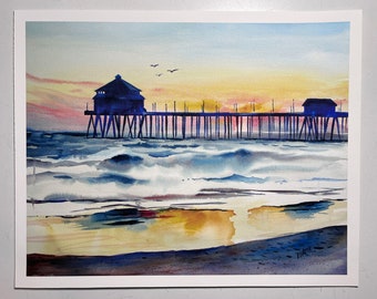 Huntington Beach Pier Watercolor PRINT