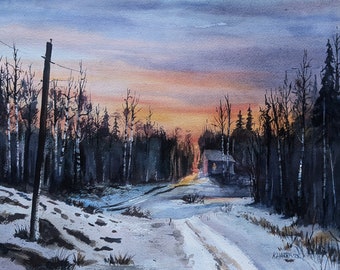 Matanuska Winter Sunset Original Watercolor