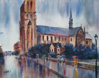 Paris Notre Dame Cathedral Saine Bridge, Art Print From Watercolor