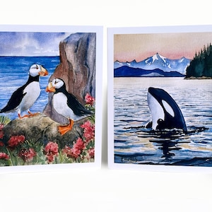 Puffins/Orca Watercolor Note Card Set of 8