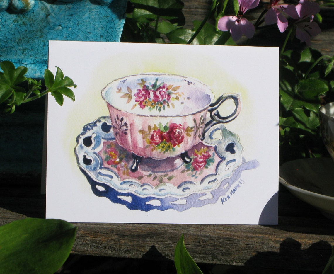 Watercolor Tea Cup Note Cards / Set of 8 / Four Designs Etsy