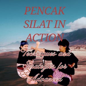 May include: An audiobook cover titled FINEX STUDIOZ AUDIOBOOK PENCAK SILAT IN ACTION Techniques and Strategies for Advanced Practitioners featuring two individuals in black shirts and patterned sarongs performing martial arts on a beach.