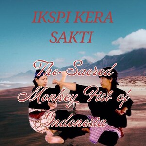 May include: An audiobook cover titled FINEX STUDIOZ AUDIOBOOK IKSPI KERA SAKTI The Sacred Monkey Fist of Indonesia. Two individuals in black martial arts uniforms with patterned waist wraps perform combat stances on a sandy beach landscape.
