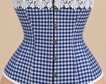 Blue Gingham Corset Top Vintage Lace Trim Cotton Waist Cincher, Steel Boned Corset, Cottagecore Corset Top, Lace Trim Bustier, Cotton Corset