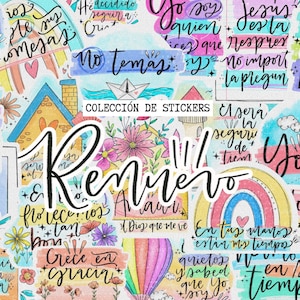 Puede incluir: Una colección de pegatinas coloridas con frases en español escritas a mano, ilustraciones florales, arcoíris, casas y aviones de papel. Las pegatinas muestran varios fondos de acuarela en tonos pastel y vibrantes con texto.