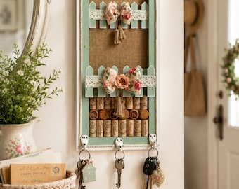 Handmade Farmhouse Key Holder | Wall Key Organizer | Rustic Entryway Decor | Wine Cork Key Rack | Cottage Style Gift