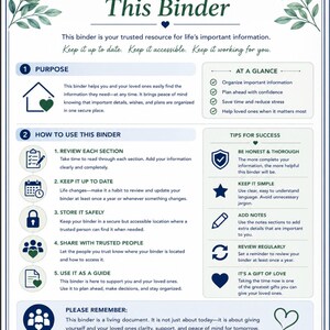 Puede incluir: Un documento instructivo titulado HOW TO USE This Binder con texto azul oscuro y detalles de hojas verdes. Describe el prop&oacute;sito, los pasos de uso y consejos de &eacute;xito, incluyendo secciones sobre c&oacute;mo organizar informaci&oacute;n y actualizarla.