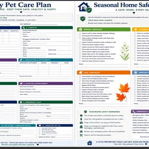 Puede incluir: Un documento imprimible de dos p&aacute;ginas que presenta un plan de cuidado de mascotas con secciones para informaci&oacute;n de la mascota, salud y contactos de emergencia, junto a una lista de verificaci&oacute;n de seguridad estacional para el hogar.