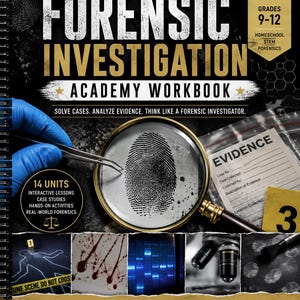 May include: A spiral-bound workbook titled Forensic Investigation Academy Workbook for grades 9-12. The cover features a magnifying glass over a fingerprint, a plastic evidence bag, and four smaller images showing crime scene details and lab equipment.