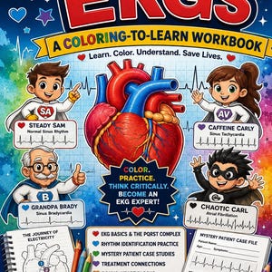 May include: A dark blue educational workbook titled Understanding EKGs: A Coloring-To-Learn Workbook. The cover features a central red heart illustration, four cartoon characters with EKG strips, and text detailing heart rhythm study topics.