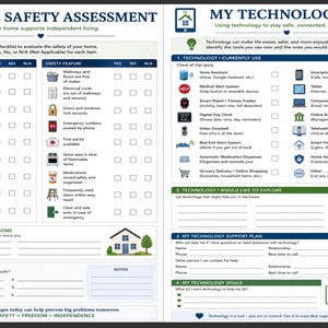 Puede incluir: Un documento imprimible de dos p&aacute;ginas titulado Home Safety Assessment y My Technology Plan. El lado izquierdo presenta una lista de verificaci&oacute;n de seguridad en el hogar, mientras que el derecho enumera herramientas tecnol&oacute;gicas y metas personales.