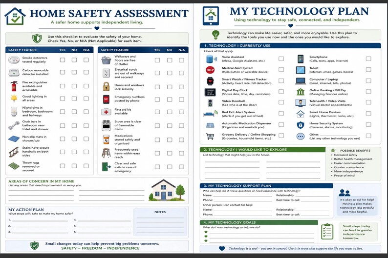 Puede incluir: Un documento imprimible de dos p&aacute;ginas titulado Home Safety Assessment y My Technology Plan. El lado izquierdo presenta una lista de verificaci&oacute;n de seguridad en el hogar, mientras que el derecho enumera herramientas tecnol&oacute;gicas y metas personales.