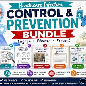 Può includere: Un pacchetto educativo digitale intitolato Healthcare Infection Control & Prevention Bundle con sette risorse. Include immagini di operatori sanitari con DPI, icone e testo che descrive attività come casi studio, colorazione e poster.