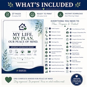 Puede incluir: Una carpeta de informaci&oacute;n imprimible de 27 p&aacute;ginas titulada My Life, My Plan, Our Peace of Mind. El documento incluye una portada con detalles de hojas en acuarela y una lista detallada de 27 secciones para la planificaci&oacute;n personal.