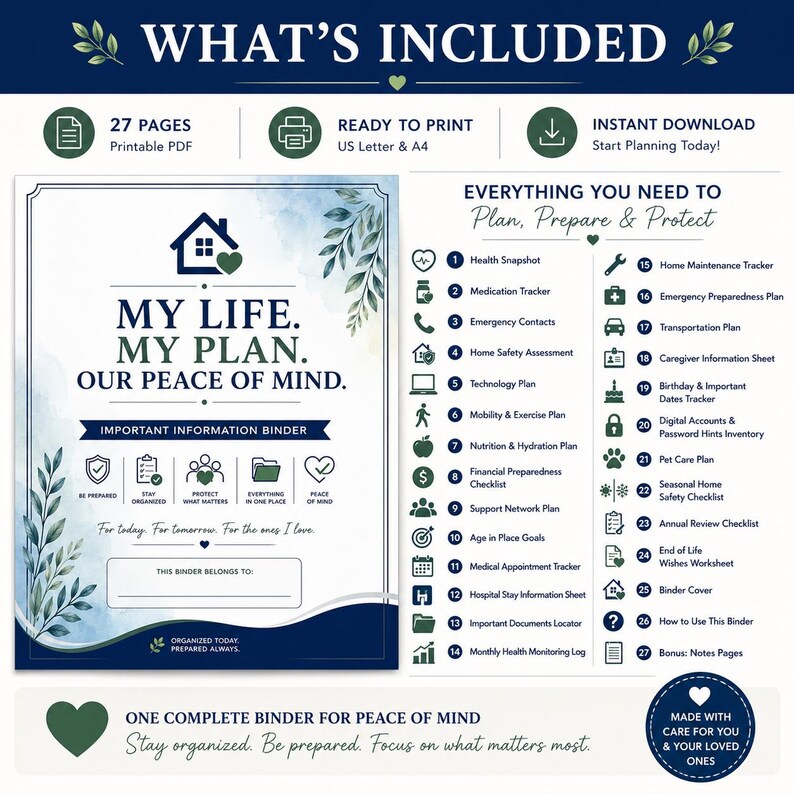 Puede incluir: Una carpeta de informaci&oacute;n imprimible de 27 p&aacute;ginas titulada My Life, My Plan, Our Peace of Mind. El documento incluye una portada con detalles de hojas en acuarela y una lista detallada de 27 secciones para la planificaci&oacute;n personal.