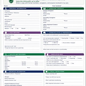 Puede incluir: Una hoja de informaci&oacute;n para cuidadores titulada My Caregiver Information Sheet con encabezados azules, verdes y morados. Incluye secciones para datos personales, contactos de cuidadores, rutinas diarias, preferencias de comunicaci&oacute;n y salud.