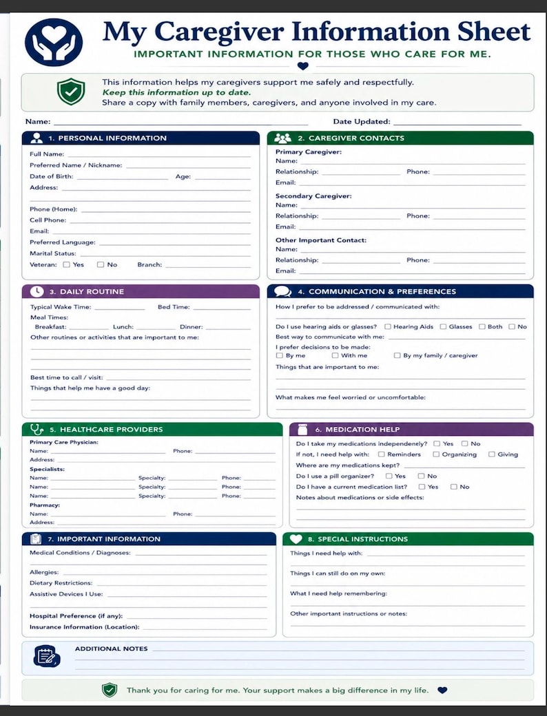 Puede incluir: Una hoja de informaci&oacute;n para cuidadores titulada My Caregiver Information Sheet con encabezados azules, verdes y morados. Incluye secciones para datos personales, contactos de cuidadores, rutinas diarias, preferencias de comunicaci&oacute;n y salud.