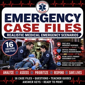 May include: A rectangular educational poster titled EMERGENCY CASE FILES REALISTIC MEDICAL EMERGENCY SCENARIOS. It features a photo of two emergency responders attending to a patient on a stretcher, with icons for first aid, critical thinking, and 911.
