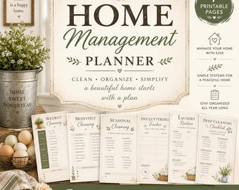 Home Management Planner | Cleaning Checklist Printable | Weekly & Monthly Cleaning Schedule | Decluttering Binder PDF