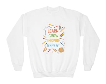 Lär dig, växa, inspirera, upprepa, ungdoms-tröja | Design av konstmaterial för skolor