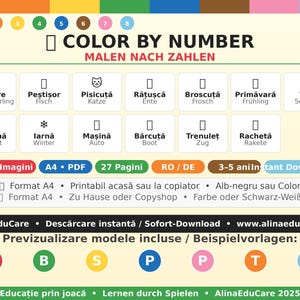 Carte de colorat dupa cifre PDF | Color by Number Kinder | Animale Anotimpuri Transport | RO-DE bilingv | Printabil A4 | 3-5 ani