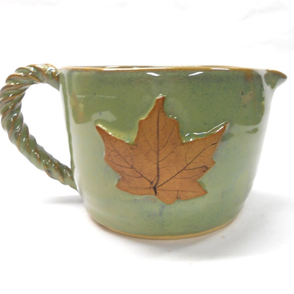 Pottery Batter Bowl, Ceramic Batter Bowl, Pottery Pitcher, Pottery Gravy Boat, Pouring Bowl Large in Green with Maples Leaves