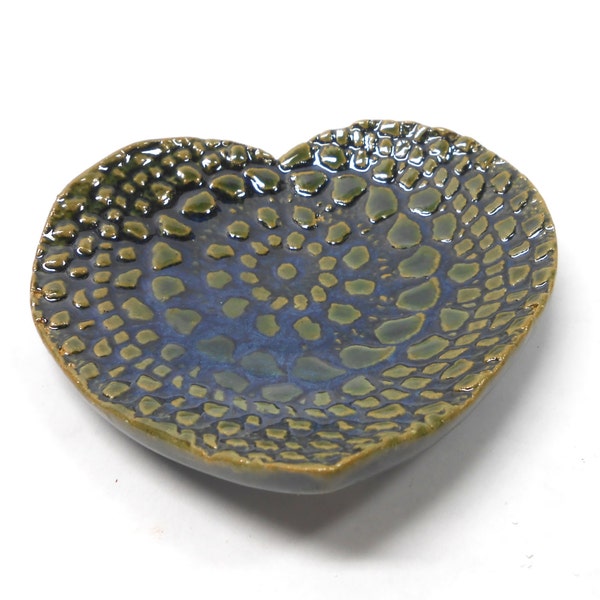 Heart Soap Dish, Pottery Soap Dish, Ceramic Soap Dish, Trinket Dish Doily in Green and Blue