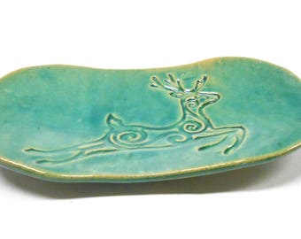 Pottery Spoon Rest, Ceramic Candy Dish, Holiday Serving Dish, Reindeer Trinket Dish, Pottery Soap Dish, Ceramic Soap Dish, Dish in Green