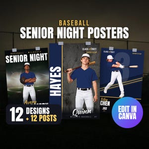Op de afbeelding: Drie verticale honkbalposters voor senior night met atleten in blauwe shirts en witte broeken. De tekst bevat BASEBALL SENIOR NIGHT POSTERS, 12 DESIGNS + 12 POSTS, EDIT IN CANVA, CLASS OF 2027, SHORTSTOP, HAYES, QUINN en RILEY CHEN.