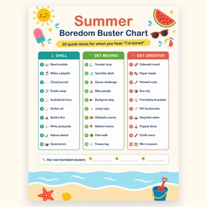 May include: A Summer Boredom Buster Chart featuring 30 activity ideas categorized into Chill, Get Moving, and Get Creative columns. The design includes colorful summer icons like a sun, watermelon, popsicle, and a beach scene at the bottom.