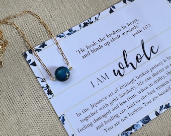 Psalm 147:3 Gold Filled Necklace, He Heals the Broken Hearted Necklace,  Encouraging Necklace, Blue Kintsugi Inspired Wholeness Necklace