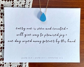 Tears in His Bottle, Bible Verse Necklace, Blue Wood Teardrop, Joy Comes in the Morning, Wipe Away Every Tear, Sympathy Loss Gift