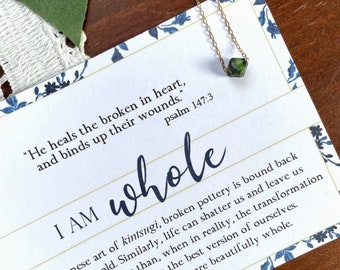 He Heals Broken Hearts Necklace, Psalm 147:3 Necklace, Encouraging Comforting Gift for Her, Green Kintsugi Inspired I Am Whole Necklace