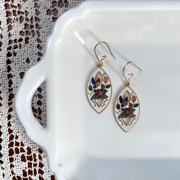 Gold and White Floral Earrings, Vintage Drops, Enamel Earrings, Blue Green Gold Drop Earrings, Bridal Earrings, OOAK One of a Kind Earrings