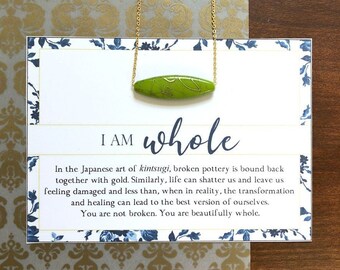 I Am Whole Necklace, Green Kintsugi Inspired, Beaded Bar Necklace, Intentional Jewelry, Chartreuse Necklace, Green and Gold, Lyme Disease