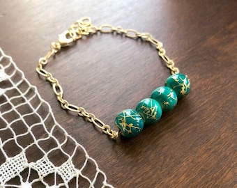 I Am Whole Bracelet, Kintsugi Inspired Bracelet, Teal Green Beads, Emerald Green Beaded, Wooden Bracelet, Green and Gold, Beautifully Whole