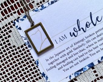 Kintsugi Inspired Necklace, I Am Whole Necklace, White and Gold Kintsugi, Bronze Pendant Necklace, Intention Jewelry, You Are Not Broken