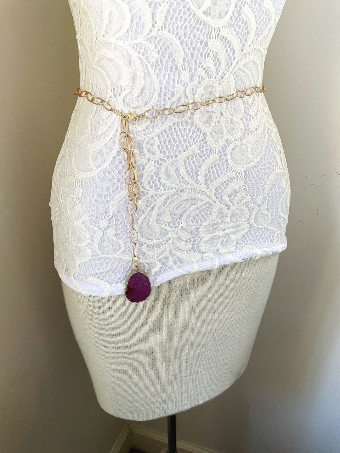 Gold Chain Belt With Purple Crystal, Magenta Geode Dangle Belt, Unique