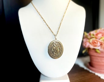 Vintage Gold Locket Necklace, Extra Long Large Victorian Style Locket, Vintage Upcycled Gift for Her