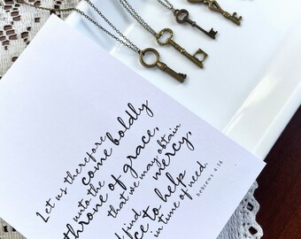 Tiny Key Necklace, Bronze Key Necklace, Minimalist Necklace, Boldly to the Throne of Grace, Hebrews 4:16, Key Jewelry, Encouragement Gift