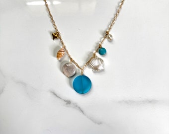 Sea Glass Charm Necklace, Gold Seashell Necklace, Coastal Necklace, Bohemian Beach Necklace, Colorful Necklace, You Are Not Alone - Hali