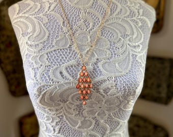 Long Gold Charm Necklace with Coral Orange and Gold Teardrop Pendant