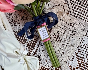 Personalized Charm for Modern Wedding Bouquet, Bride Gift, Custom Printed Family Names, Mother Grandother Celebration, Something Blue Ribbon