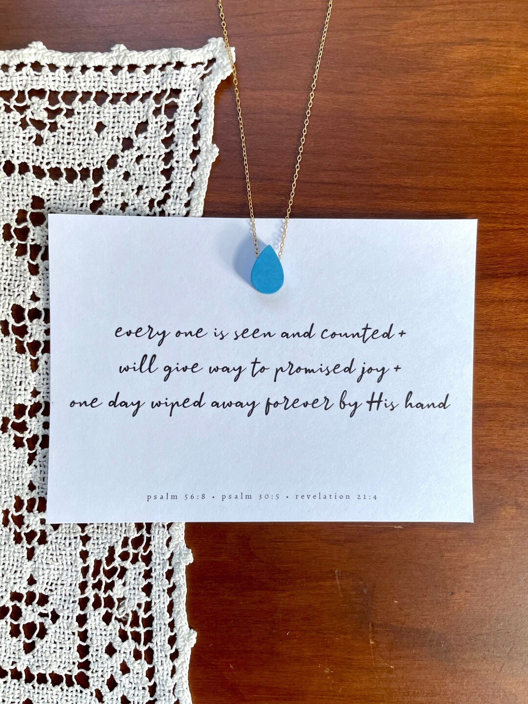 Tears in His Bottle Bible Verse Necklace Blue Wood Teardrop Etsy