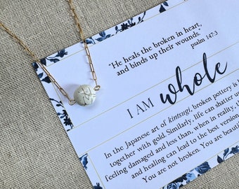 Gold Filled Psalm 147:3 Necklace, He Heals the Broken Hearted Necklace, Encouraging Necklace, White Kintsugi Inspired Wholeness Necklace