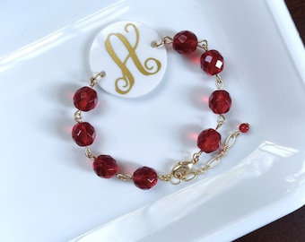 Initial A Bracelet, Red July Glass Birthstone Bracelet, Statement Bracelet for Women, Letter Bracelet, Adjustable Bracelet