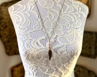 Bronze Leaf Necklace, Long Minimalist Dainty Pendant Necklace, Earthy Boho Necklace, Fall Layering Necklace