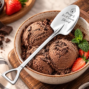 May include: A silver-toned metal spoon shaped like a miniature shovel with a triangular handle. The bowl of the spoon is engraved with a small ice cream icon and the text "Paige's Ice Cream Shovel" resting in a bowl filled with chocolate ice cream.