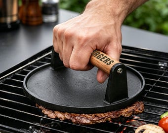 Personalized Cast Iron Press, Smash Burger Heavy Duty Press, Bacon Smasher, BBQ Grill Press Wood Handle, BBQ Gift for Him, Grill Accessories
